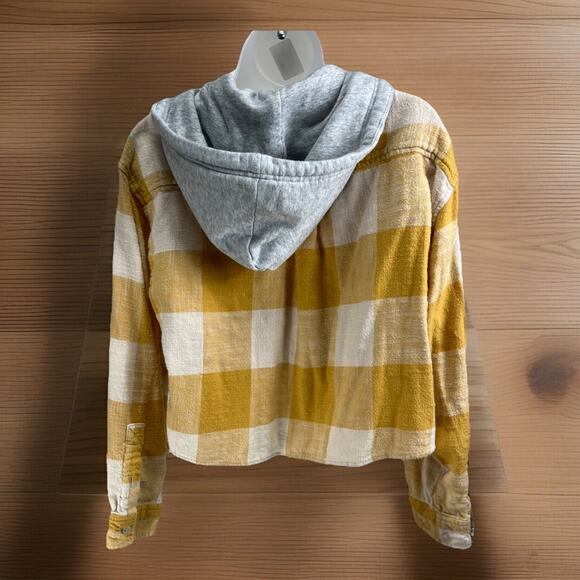 American Eagle Flannel Shirt Yellow Ivory Hooded Button Up Long Sleeve Size M - Picture 4 of 7